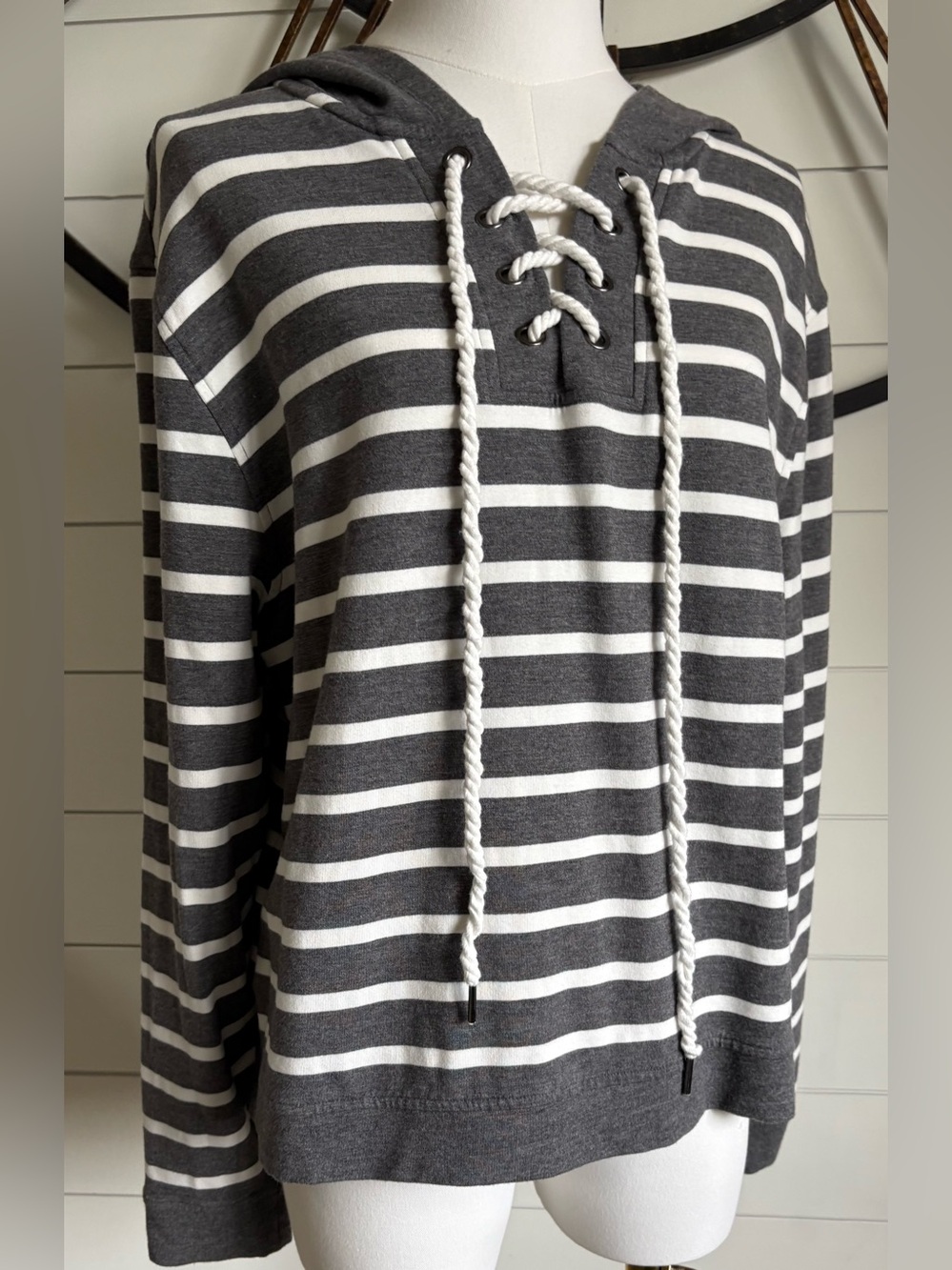 CAbi Nautical Inspired Gray & White Striped Hoodie - Soft French Terry Knit (L) - Picture 9 of 14